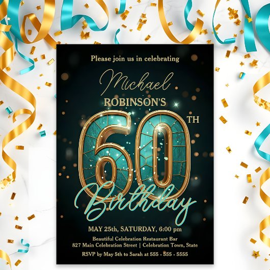Invitation Élégante fête du 60e anniversaire Turquoise et or