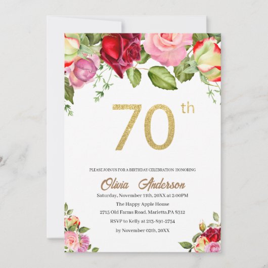 Invitation Elégante fête du 70e anniversaire Aquarelle Glit (Devant)