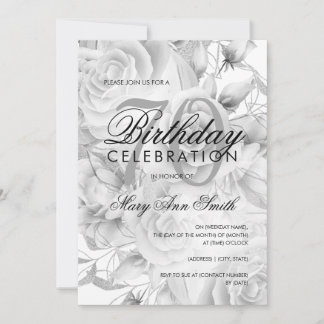 Invitation Élégante fête du 70e anniversaire Floral Argent bl