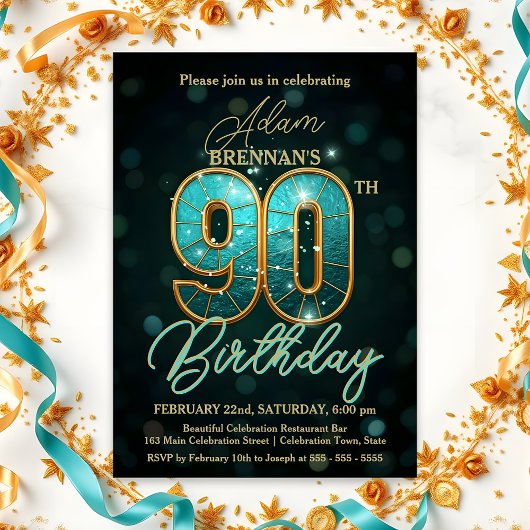 Invitation Elégante fête du 90e anniversaire Turquoise et Gol