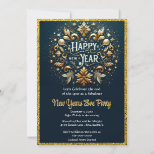 Invitation Élégante Fête du Nouvel An avec Flourish Or