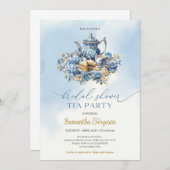 Invitation Elégante fête du thé bleu et or (Devant / Derrière)