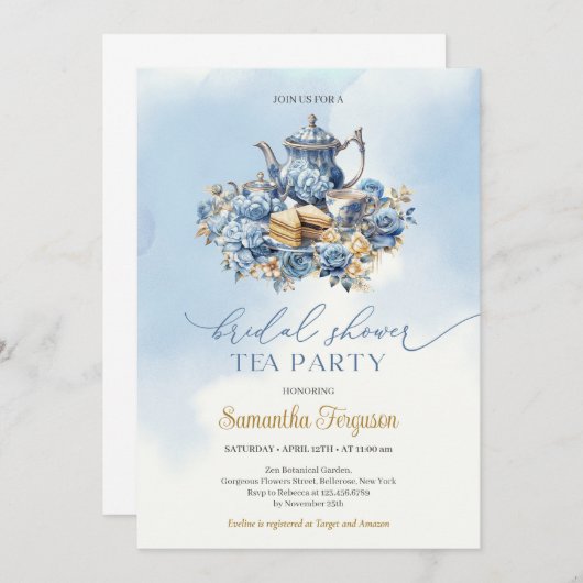 Invitation Elégante fête du thé bleu et or (Devant / Derrière)