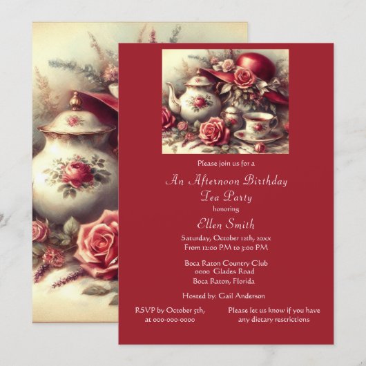 Invitation Elégante fête du thé d'anniversaire Rose rouge (Devant / Derrière)