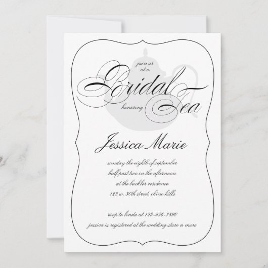 Invitation Élégante fête du thé nuptial en noir et blanc (Devant)