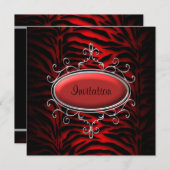 Invitation Élégante fête du Zèbre Noir et Rouge (Devant / Derrière)