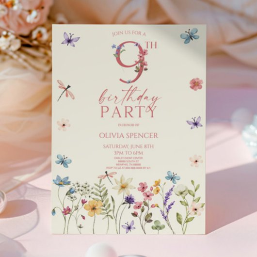 Invitation Élégante fête Fleur sauvage Floral 9e anniversaire