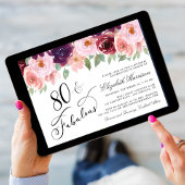 Invitation Elégante fête florale Bourgogne rose 80e anniversa