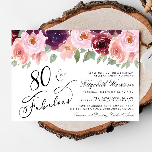 Invitation Elégante fête florale Bourgogne rose 80e anniversa