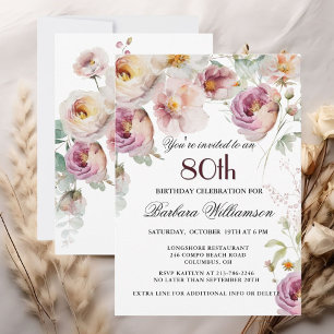 Invitation Elégante fête florale peinte 80e anniversaire