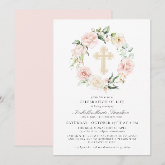 Invitation Élégante fête florale rose de la vie funéraire (Devant / Derrière)