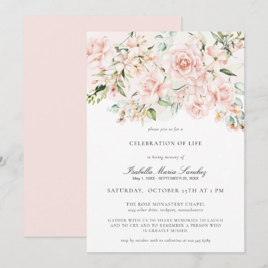 Invitation Élégante fête florale rose de la vie funéraire (Devant / Derrière)