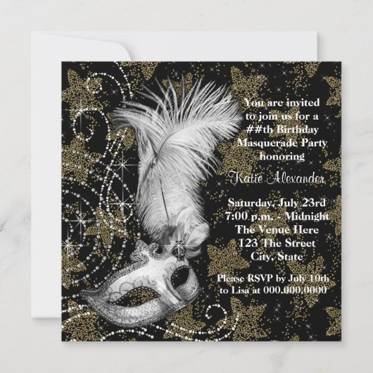 Invitation Élégante fête Mascarade en or noir blanc (Dos)
