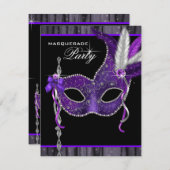 Invitation Élégante fête mascarade noire et violette (Devant / Derrière)
