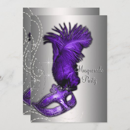 Invitation Élégante fête mascarade violette et grise (Devant / Derrière)