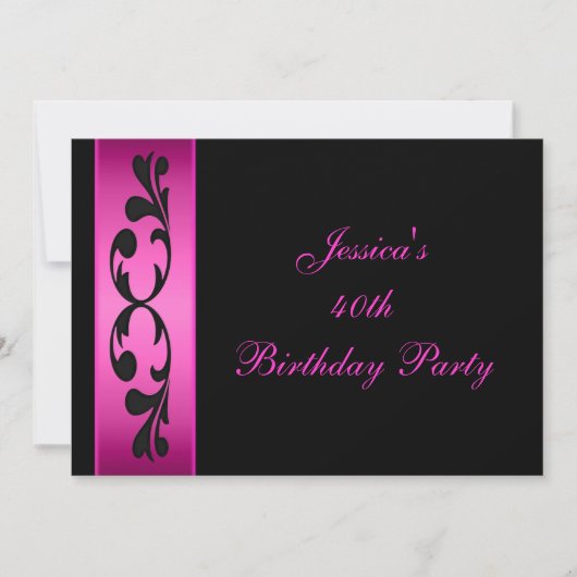 Invitation Élégante fête noire florale rose chaud (Devant)