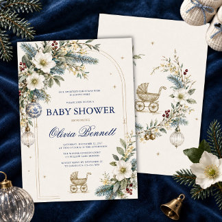 Invitation Élégante Fête Prénatale de Noël Chinoiserie Bleue
