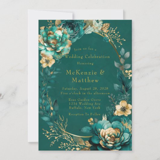 Invitation Élégante fête Turquoise et or Mariage Floral I (Devant)