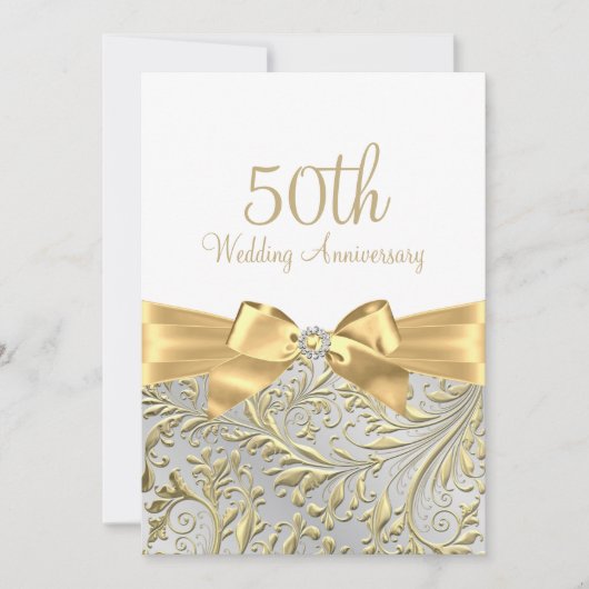 Invitation Elégante feuille de boue d'or blanc 50e anniversai (Devant)