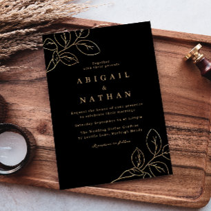Invitation Elégante feuille d'or et Mariage moderne noir
