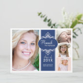 Invitation Élégante fille 4 Photo Bleu & Blanc Graduation (Debout devant)