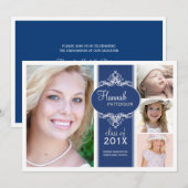 Invitation Élégante fille 4 Photo Bleu & Blanc Graduation (Devant / Derrière)