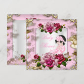 Invitation Élégante fille Baby shower rose Roses Or blanc (Devant / Derrière)