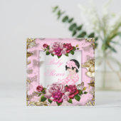 Invitation Élégante fille Baby shower rose Roses Or blanc (Debout devant)