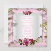 Invitation Élégante fille Baby shower rose Roses Or blanc (Dos)