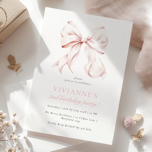 Invitation Élégante fille rose Bow 2e anniversaire