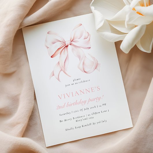 Invitation Élégante fille rose Bow 2e anniversaire