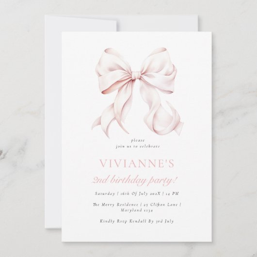 Invitation Élégante fille rose Bow 2e anniversaire (Devant)