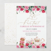 Invitation Elégante Fille Rose Floral Tea Party Anniversaire (Devant / Derrière)
