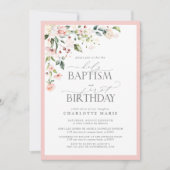 Invitation Élégante fille rose florale Baptême & 1er annivers (Devant)