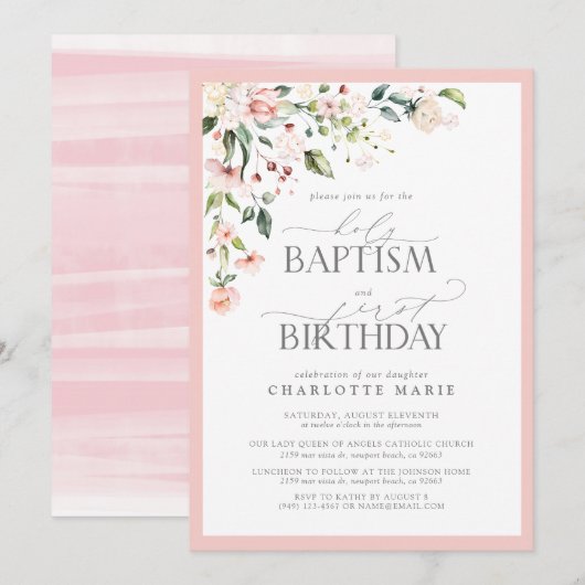 Invitation Élégante fille rose florale Baptême & 1er annivers (Devant / Derrière)
