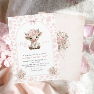 Invitation Élégante fille vache sacrée aquarelle pour 1er ann