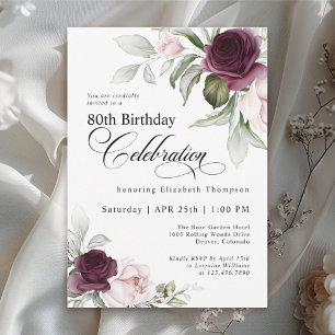 Invitation Élégante Fleur Aquarelle 80e Anniversaire