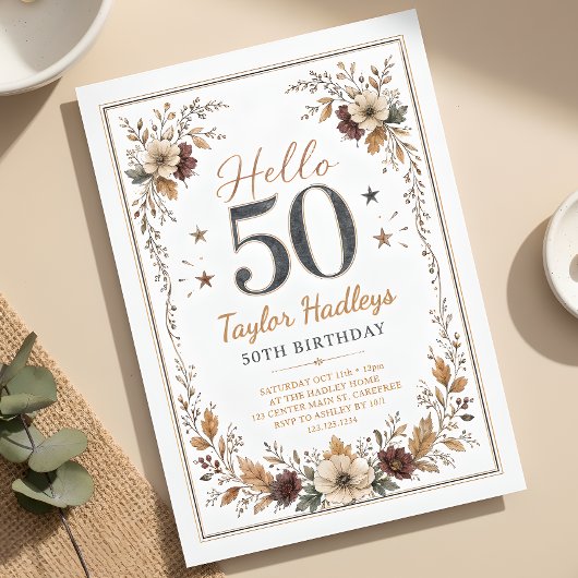 Invitation Élégante Fleur d'Automne 50e Anniversaire