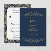 Invitation Élégante Fleur de Damas Or Bleu Marine RSVP (Devant / Derrière)