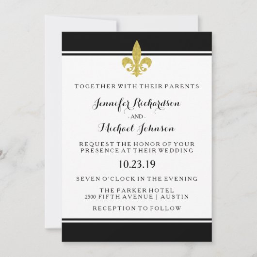 Invitation Elégante fleur de Lis Mariage noir et blanc (Devant)