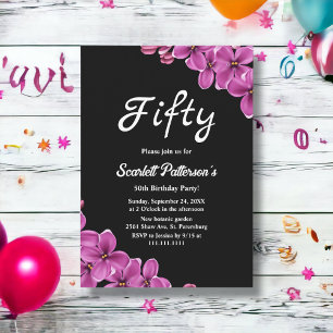 Invitation Elégante Fleur d'orchidée Floral noir 50e annivers
