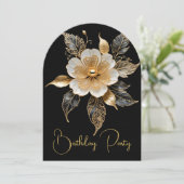 Invitation Elégante Fleur Noir Noir Anniversaire (Debout devant)