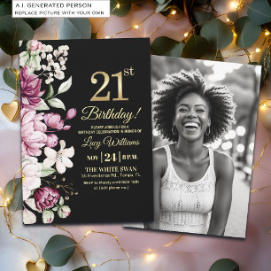 Invitation Élégante Fleur Or 21 Anniversaire Photo