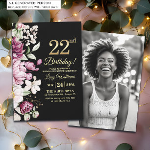 Invitation Élégante Fleur Or 22 Anniversaire Photo