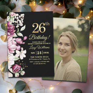 Invitation Élégante Fleur Or 26 Photo Anniversaire