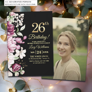 Invitation Élégante Fleur Or 26 Photo Anniversaire