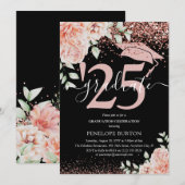 Invitation Élégante Fleur rose et Parties scintillant de la f (Devant / Derrière)