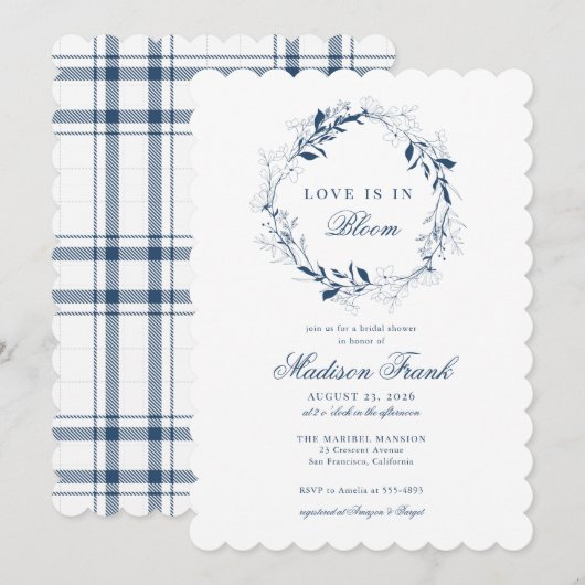 Invitation Élégante Fleur sauvage bleu Wreath Plaid Fête des (Devant / Derrière)