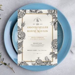 Invitation Élégante Fleur Vintage Enregistrer Le Mariage Date