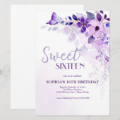 Invitation Élégante Fleur Violette Sweet Seize (Devant / Derrière)